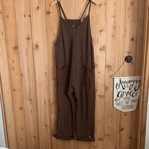 Brown Waffle Sleeveless Jumpsuit Overalls with Pockets